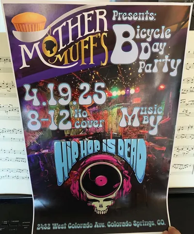 Poster for Bicycle Day Party at Mother Muffs 4-19-2025.